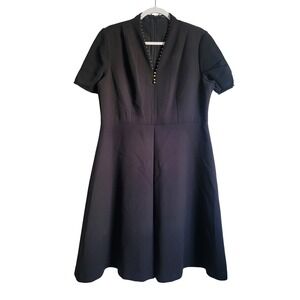 T. Tahari Black Studded V Neck Short Sleeve Fit Flare Casual Midi Dress‎ Size 16